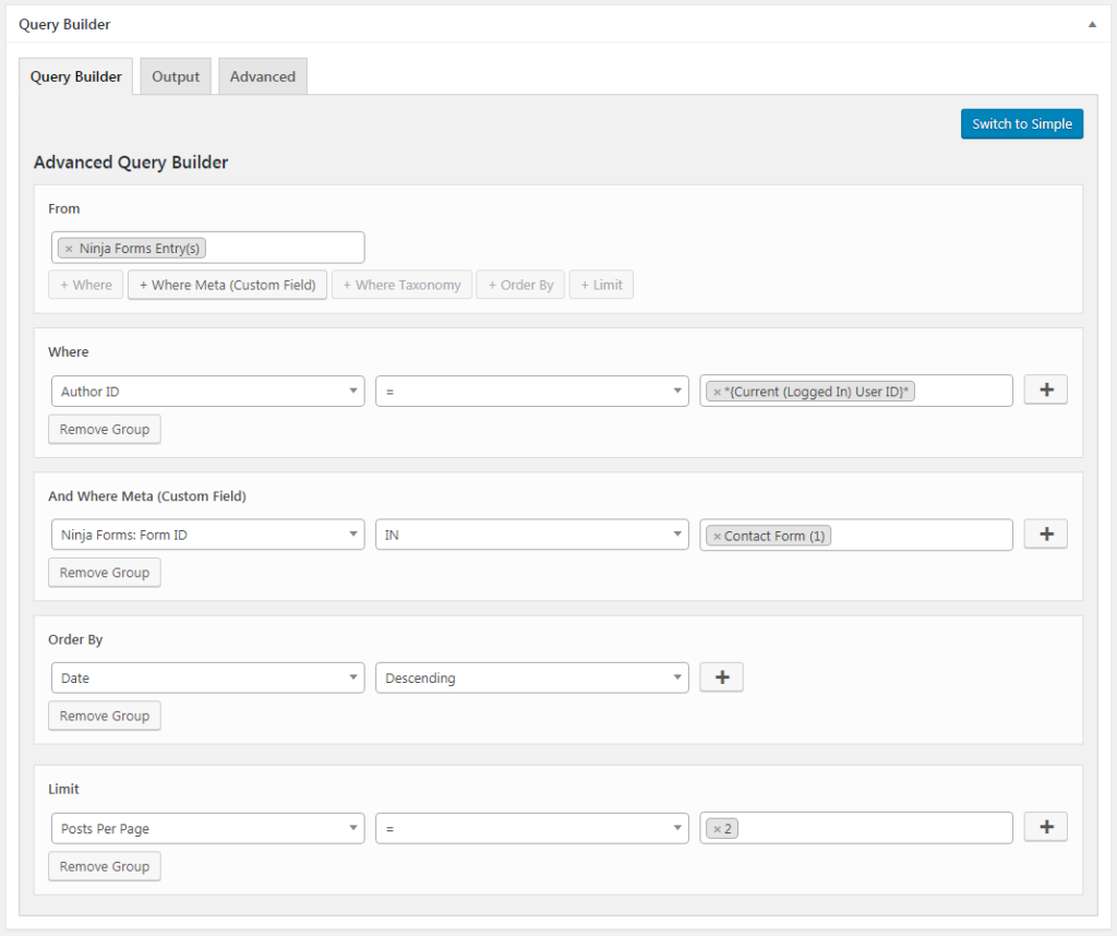 Query Builder Ninja Forms Current Logged In User Query Example